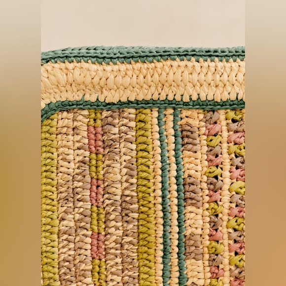 Sezane Carla Pouch Clutch Hand Bag Woven raffia evening stripe green tan pink - Picture 10 of 12